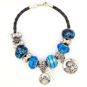 Christian Jesus Cross Angel Charm Blue Beaded Bracelet Silver Tone